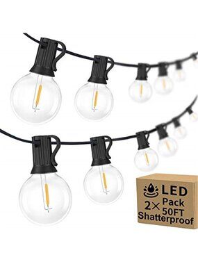 100ft 2Pack Outdoor G40 LED Globe String Lights Dimmable Waterproof Shatterproof